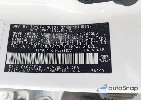 2015 Toyota Camry Se из США, поврежденный, VIN 4T1BF1FK4FU986877